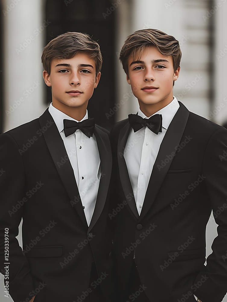 Twin boys in tuxedos, formal wear, urban setting Twin boys in tuxedos, formal wear, urban setting