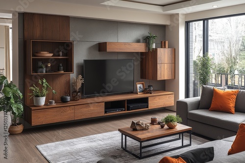 Sleek TV stand with open cabinet, wooden furniture cabinets for digital media storage, black metal frame, and natural wood color in modern living room decor.