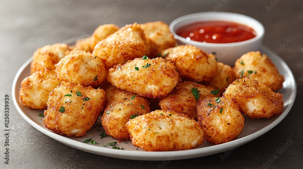 Delicious golden brown fried bites served on a plate, accompanied by a small bowl of rich tomato sauce. Perfect for appetizers or snacks. A delightful treat for any gathering. Delicious golden brown fried bites served on a plate, accompanied by a small bowl of rich tomato sauce. Perfect for appetizers or snacks. A delightful treat for any gathering.