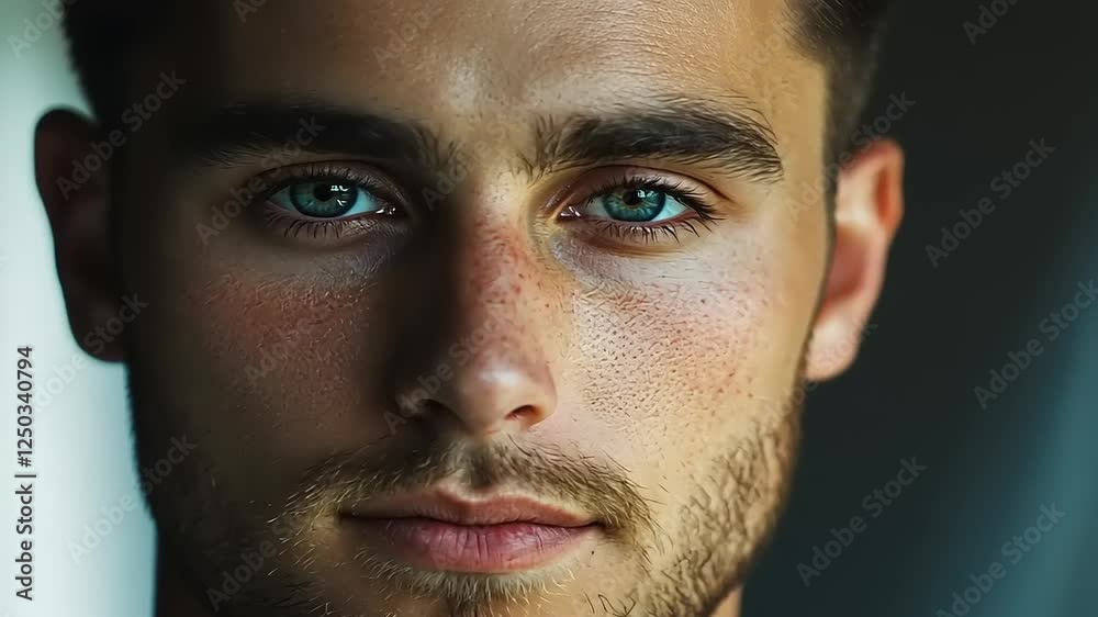 Close-up portrait of a young man with blue eyes and light stubble. Close-up portrait of a young man with blue eyes and light stubble.