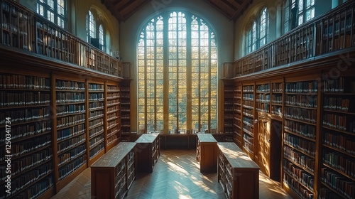 Serene library interior with tall windows and sunlight illuminating wooden shelves