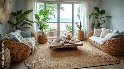 Coastal living room with ocean view, natural decor, and wicker furniture