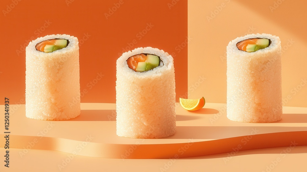 Obraz premium Colorful sushi rolls on a vibrant background.