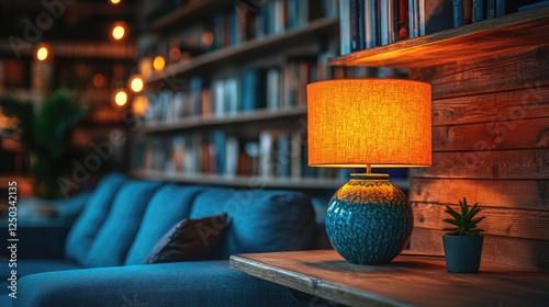 Cozy living room with a blue sofa, illuminated lamp, and bookshelf in a warm, inviting atmosphere
