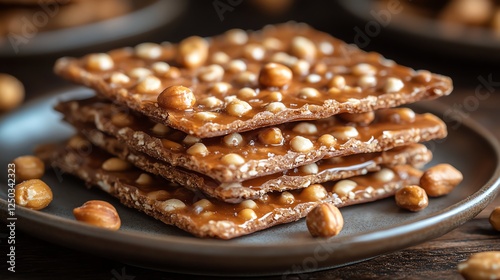 Delicious caramel chocolate treats with a crunchy texture, topped with roasted hazelnuts photo