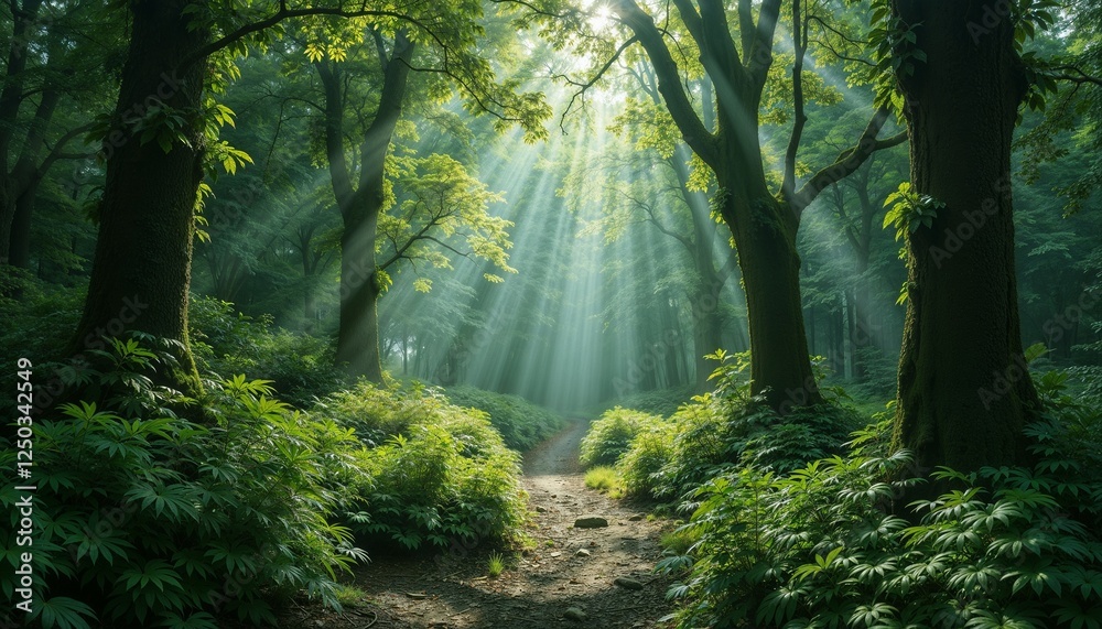 Obraz premium Mystical forest path illuminated by soft sunlight filtering through green trees