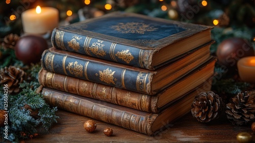 A cozy arrangement of antique books on a wooden surface, surrounded by festive decorations and candles