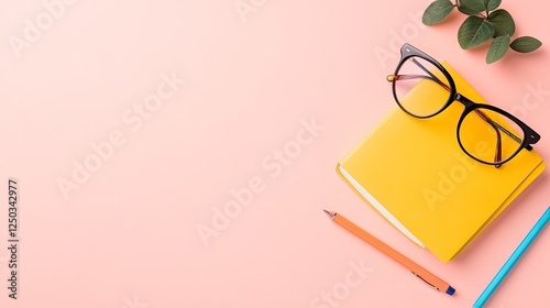 A vibrant workspace featuring a yellow notebook, glasses, and stationery on a pink background