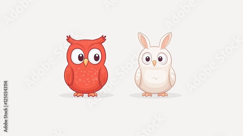Two cartoon owls, one red and one white, standing side by side on a plain background