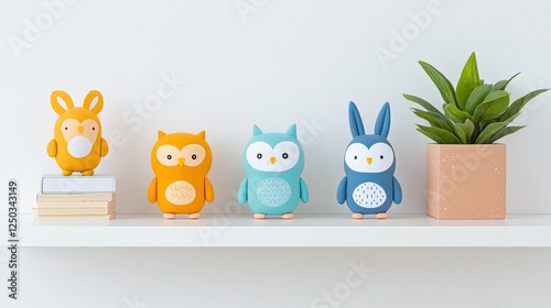 Colorful cartoon animal figures on a shelf beside a potted plant in a bright, modern room