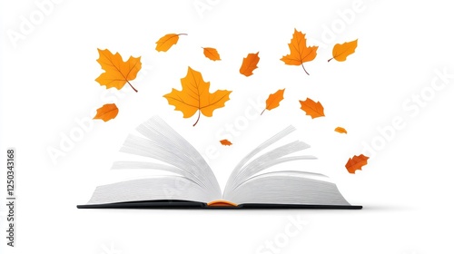 An open book with pages fluttering, surrounded by falling orange leaves, symbolizing knowledge and nature