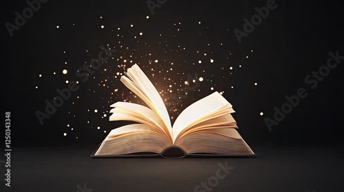 An open book with pages turning, surrounded by magical sparkles against a dark background