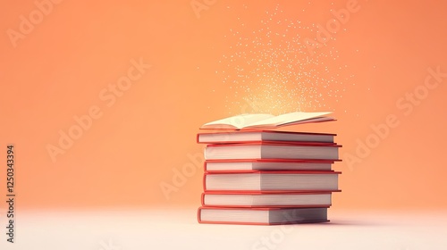 Stacked books with an open book emitting magical sparkles against a warm orange background