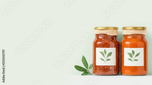 Two jars of vibrant sauce with green leaf labels on a soft pastel background, showcasing freshness