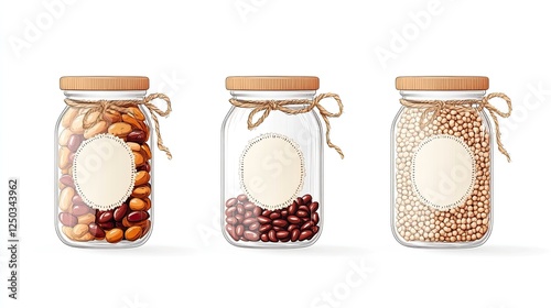 Three glass jars filled with various beans, showcasing their colorful textures against a white background