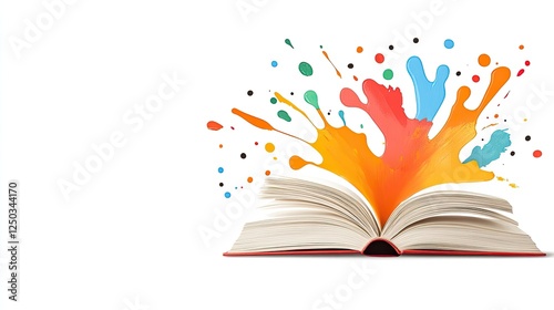An open book with vibrant paint splashes emerging, symbolizing creativity and imagination