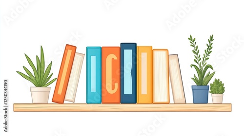 Colorful books arranged on a wooden shelf with decorative plants in cozy indoor setting
