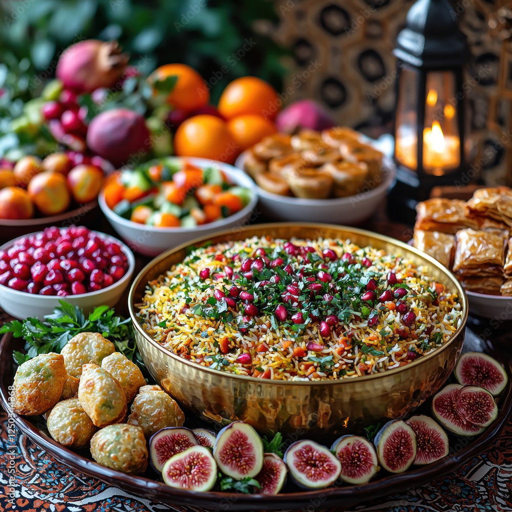 Festive Middle Eastern feast with rice dish, fruits, pastries, and lantern Festive Middle Eastern feast with rice dish, fruits, pastries, and lantern