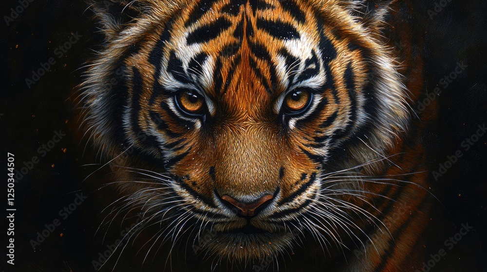 Fototapeta premium Majestic close-up of a tiger's face, showcasing its fierce gaze and intricate fur patterns