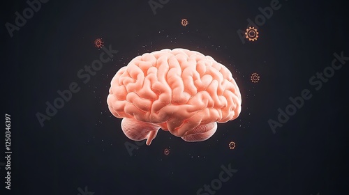 A detailed 3D rendering of a human brain surrounded by abstract gears, symbolizing cognitive processes