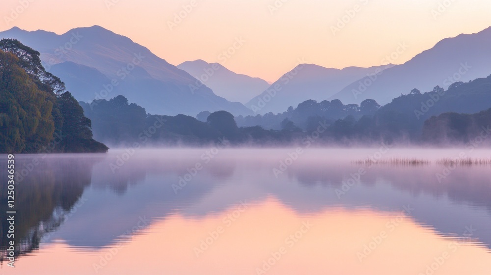 Serene landscape at dawn with mist over a lake and mountains in the background. Serene landscape at dawn with mist over a lake and mountains in the background.
