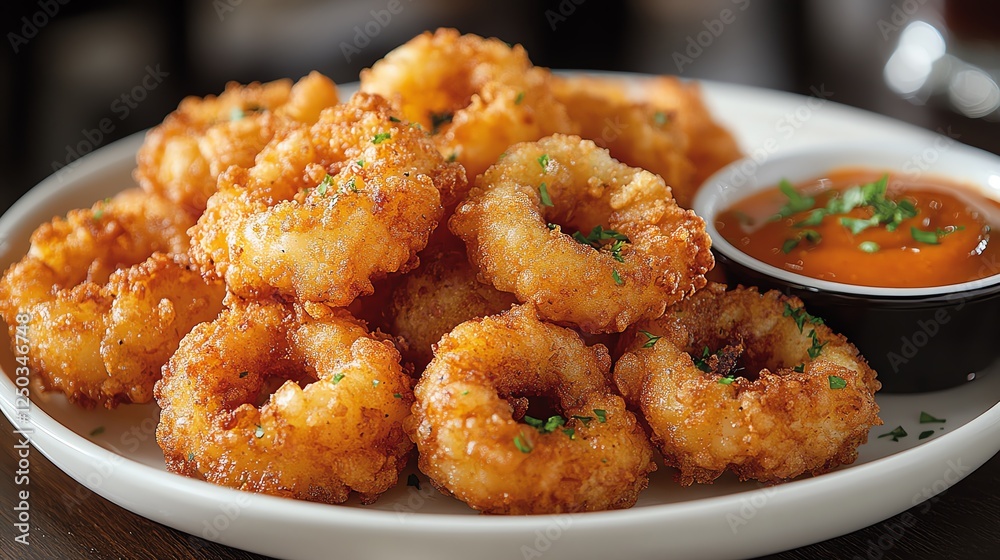 Deliciously fried onion rings served on a white plate, accompanied by a spicy dipping sauce. A mouthwatering snack perfect for any gathering or casual dining experience. Deliciously fried onion rings served on a white plate, accompanied by a spicy dipping sauce. A mouthwatering snack perfect for any gathering or casual dining experience.