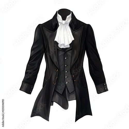 Elegant vintage men's outfit featuring a black frock coat and a white cravat, isolated on a white background for seamless design applications. photo