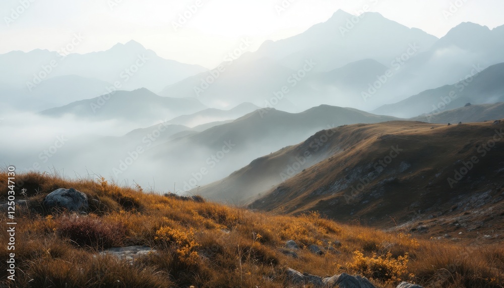 Misty mountain landscape with rolling hills and golden grasses Misty mountain landscape with rolling hills and golden grasses