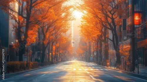 Serene autumn street scene with vibrant orange foliage lining a quiet urban road at sunset