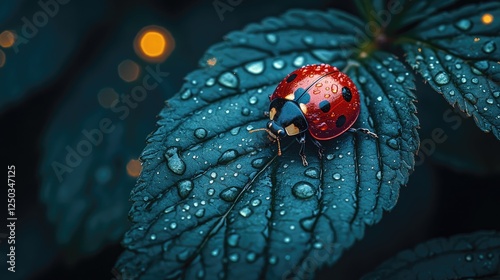 Close-up of a vibrant ladybug resting on a dewy green leaf with blurred lights in the background