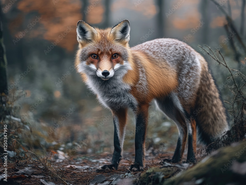 A Majestic Red Fox Stares Intently in the Atmospheric Autumn Forest A Majestic Red Fox Stares Intently in the Atmospheric Autumn Forest