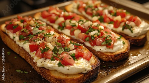 Freshly baked bruschetta topped with tomatoes, herbs, and cheese on a baking tray in a cozy kitchen