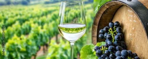 White wine glass beside fresh grapes and barrel.