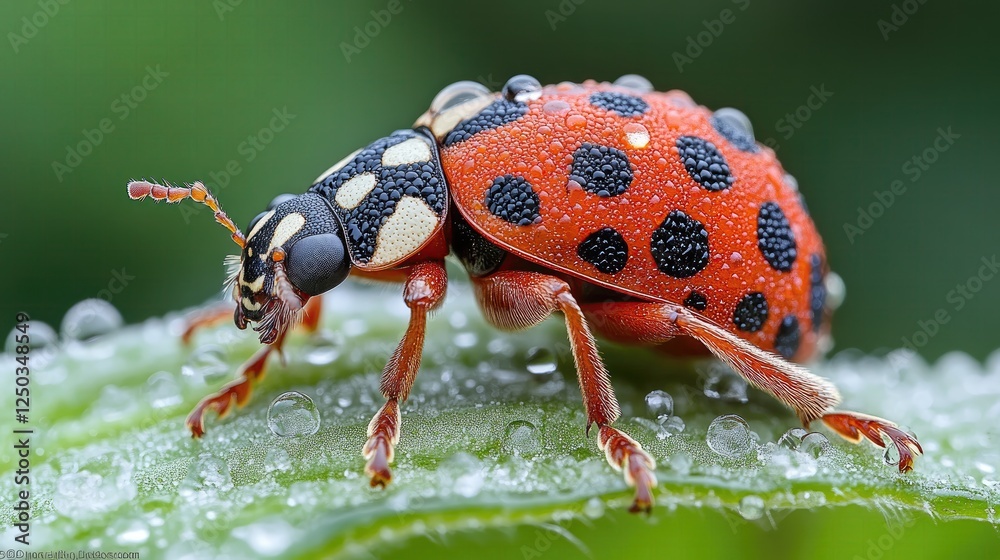 Fototapeta premium Close-up of a vibrant ladybug perched on a dewy green leaf in a lush garden setting