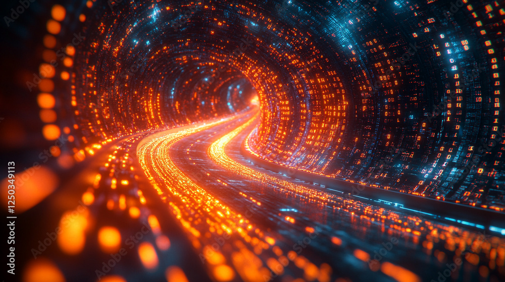 Abstract Digital Tunnel Orange Blue Glowing Data Stream Bright Technology Futuristic Background Art 