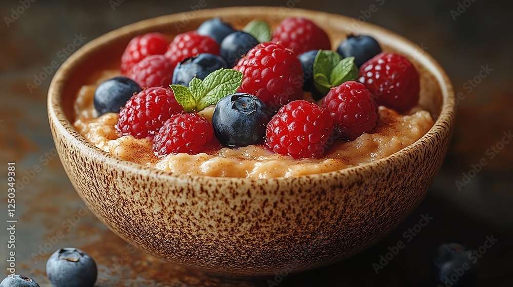 A warm bowl of oatmeal topped with fresh raspberries and blueberries, garnished with mint leaves. Ideal for a healthy breakfast option or a nutritious snack. A warm bowl of oatmeal topped with fresh raspberries and blueberries, garnished with mint leaves. Ideal for a healthy breakfast option or a nutritious snack.