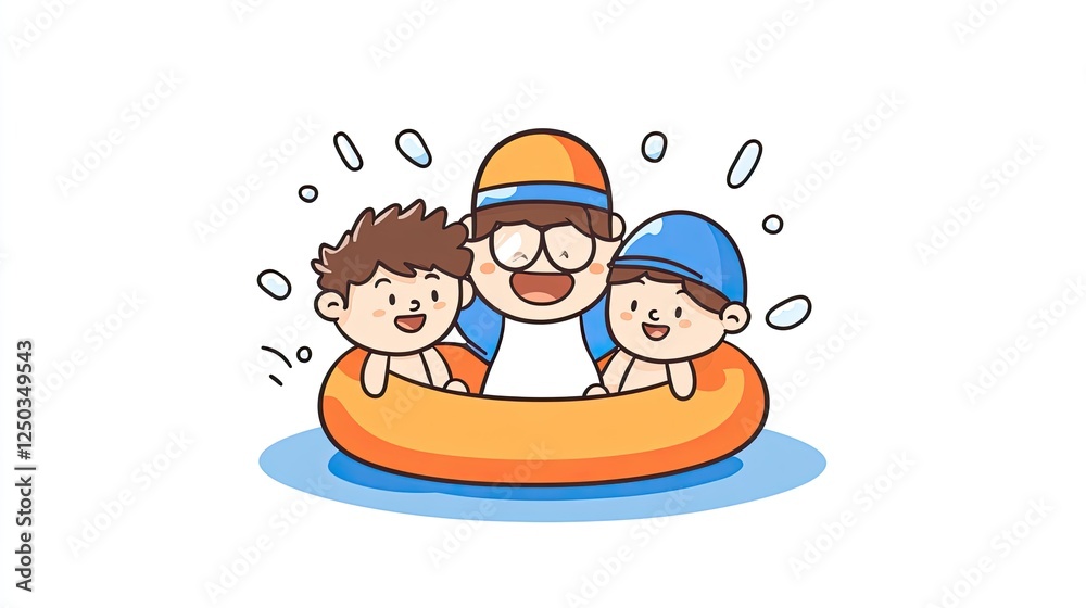 Three cheerful children enjoying a fun day in a colorful inflatable raft on a sunny day Three cheerful children enjoying a fun day in a colorful inflatable raft on a sunny day