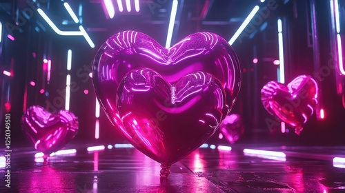 Colorful hearts in neon lights background. photo