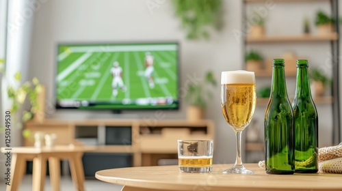 Cozy living room with drinks and football on TV. photo