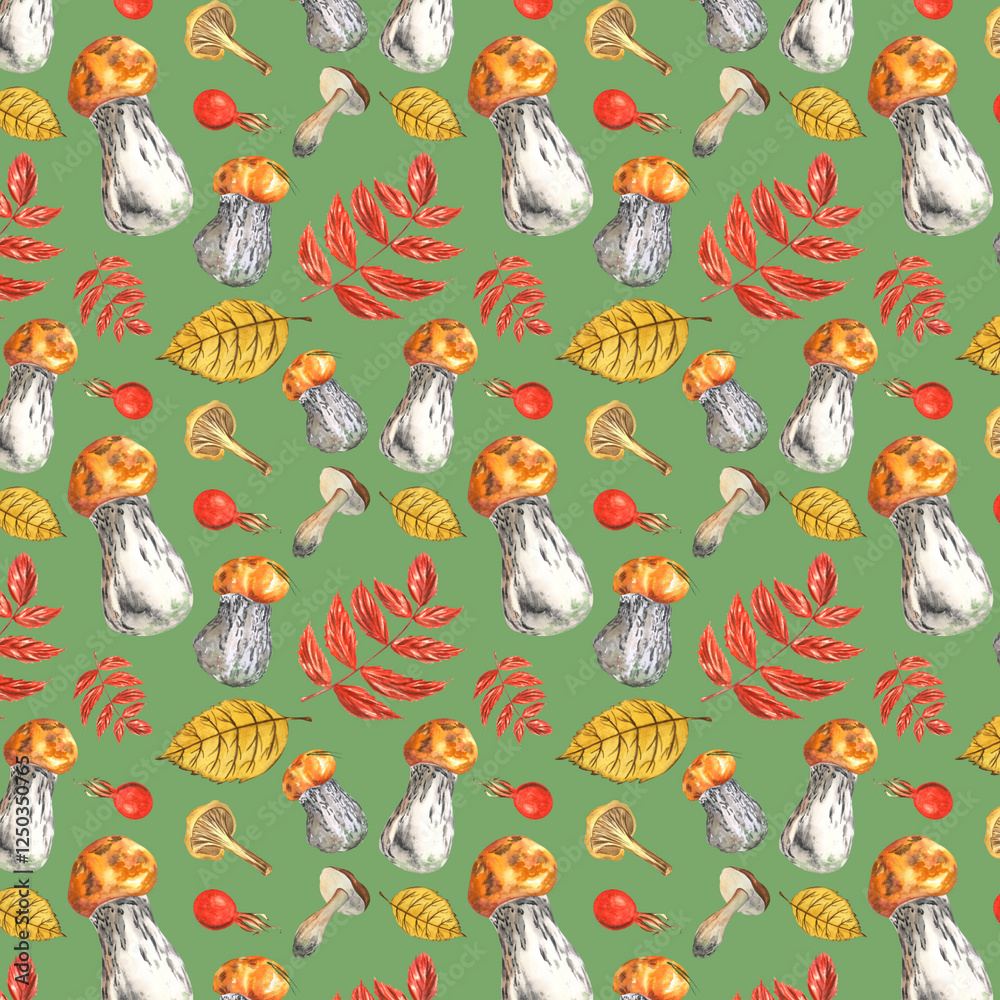 Obraz premium Watercolor pattern with mushrooms and berries on a green background. Handmade. Can be used on fabric, textile, wallpaper, wrapping paper
