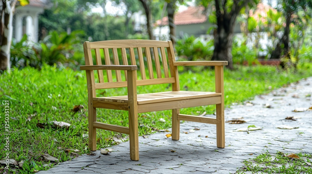 Wooden bench in a serene garden setting. Wooden bench in a serene garden setting.