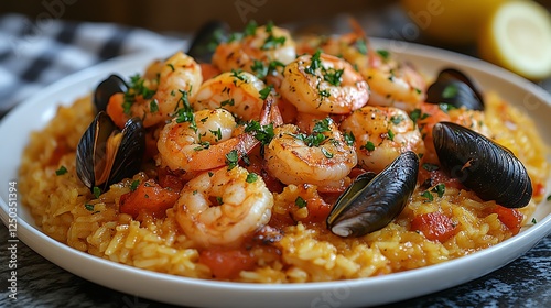 A vibrant plate of shrimp and mussels resting on a bed of flavorful rice, garnished with fresh herbs. This dish is a delightful fusion of seafood and culinary artistry. photo