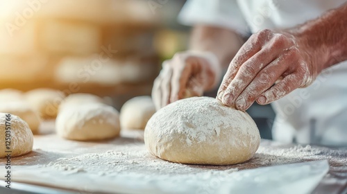 Skilled Baker Shaping Dough on Floured Surface in Bakery Kitchen