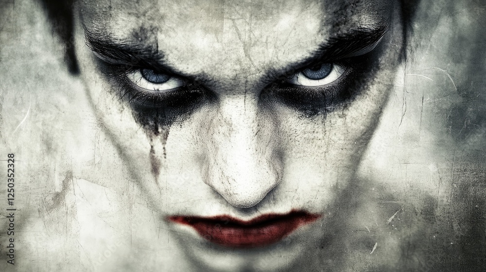Obraz premium Dark and haunting portrait of a character with striking makeup and intense gaze in a dramatic setting