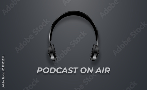 podcast on air banner with headphones on black background