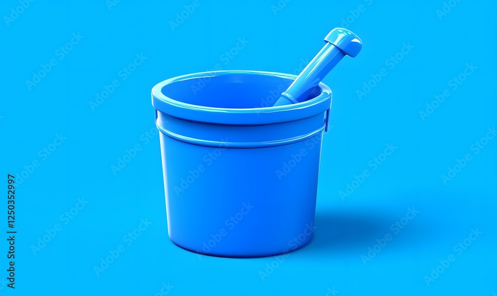 Blue plastic bucket and pestle on blue background; illustration for website or app Blue plastic bucket and pestle on blue background; illustration for website or app