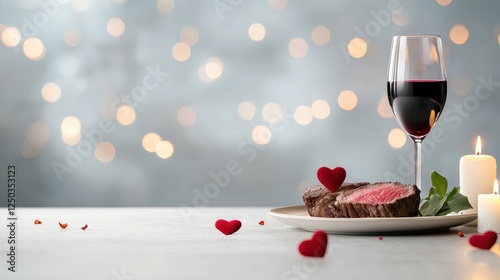 A plate of steak with a heart on it and a glass of red wine