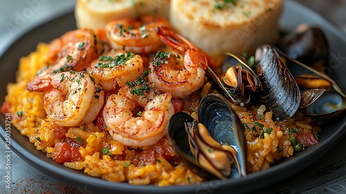 A vibrant dish of shrimp and mussels served over seasoned rice, garnished with fresh herbs, alongside two golden pastries, showcasing a delicious Mediterranean culinary experience. photo