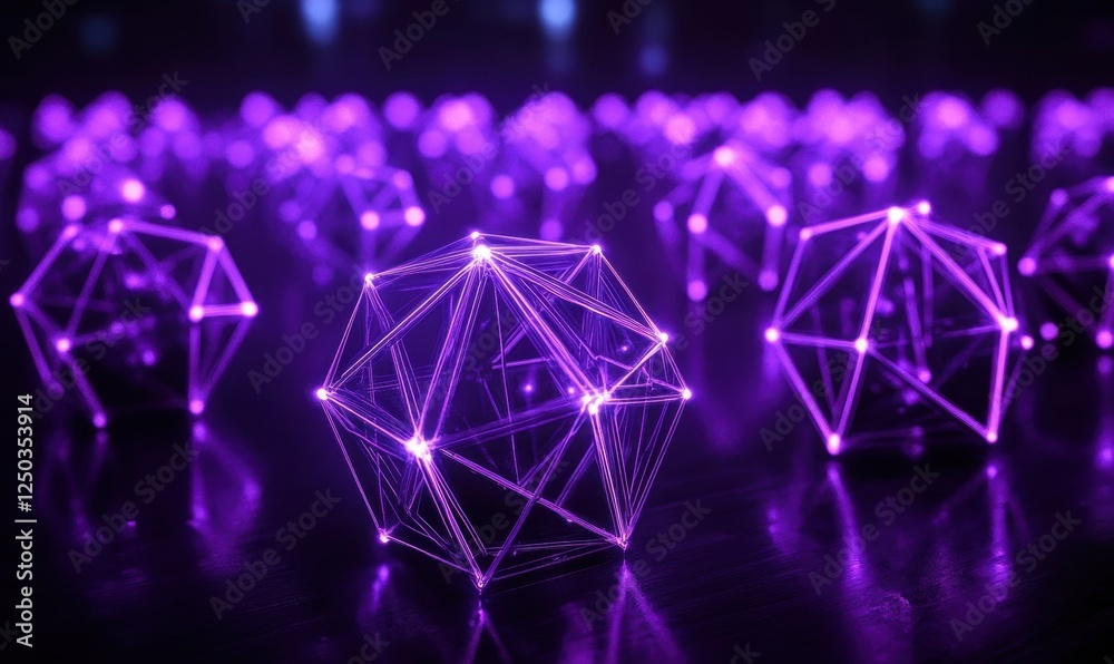 Purple glowing geometric shapes, network concept, dark background, digital art, tech illustration Purple glowing geometric shapes, network concept, dark background, digital art, tech illustration