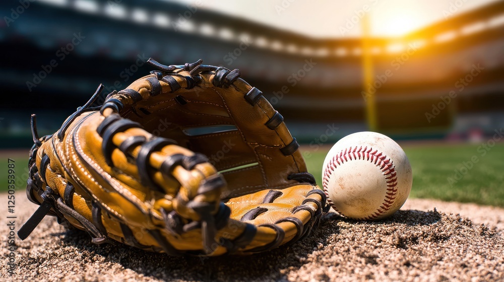 Fototapeta premium Close-up of a baseball glove and ball on a sunny baseball field during a game